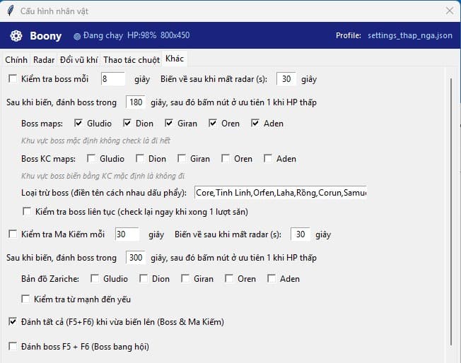 Giao diện thiết lập săn Boss và Ma Kiếm trong tab Khác