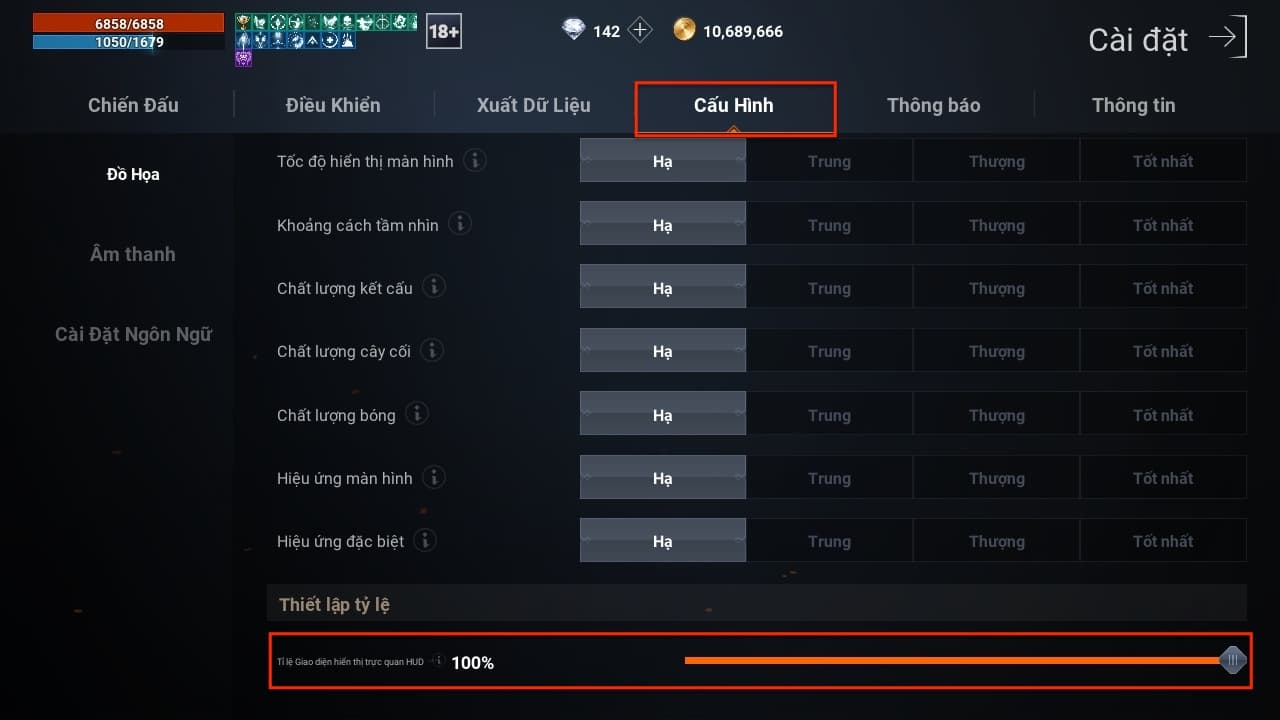 Cấu hình → Thiết lập tỉ lệ (HUD)