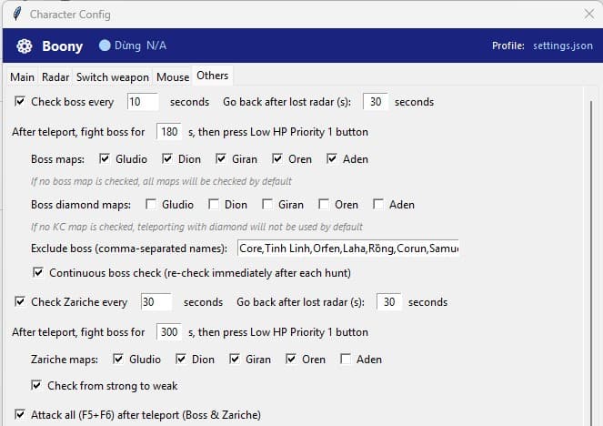 Boss and Zariche hunting settings UI in the Other tab